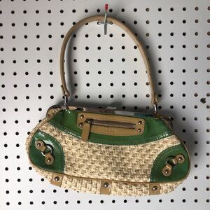 Y2K “rafe”Green and tan wicker shoulder bag purse with studded details